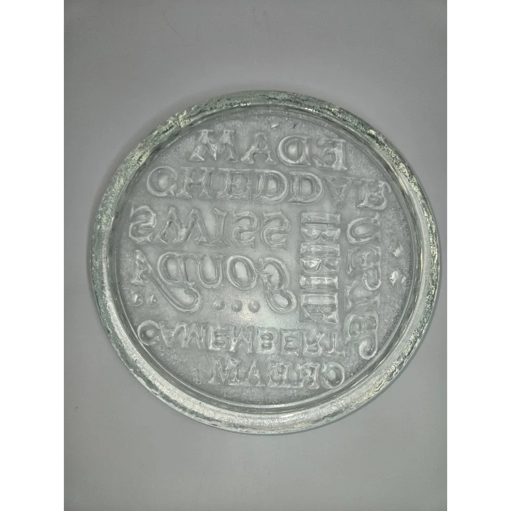 Clear Glass Cheese Varieties Round Serve Cutting‎ Board Embossed Mixed Font 11